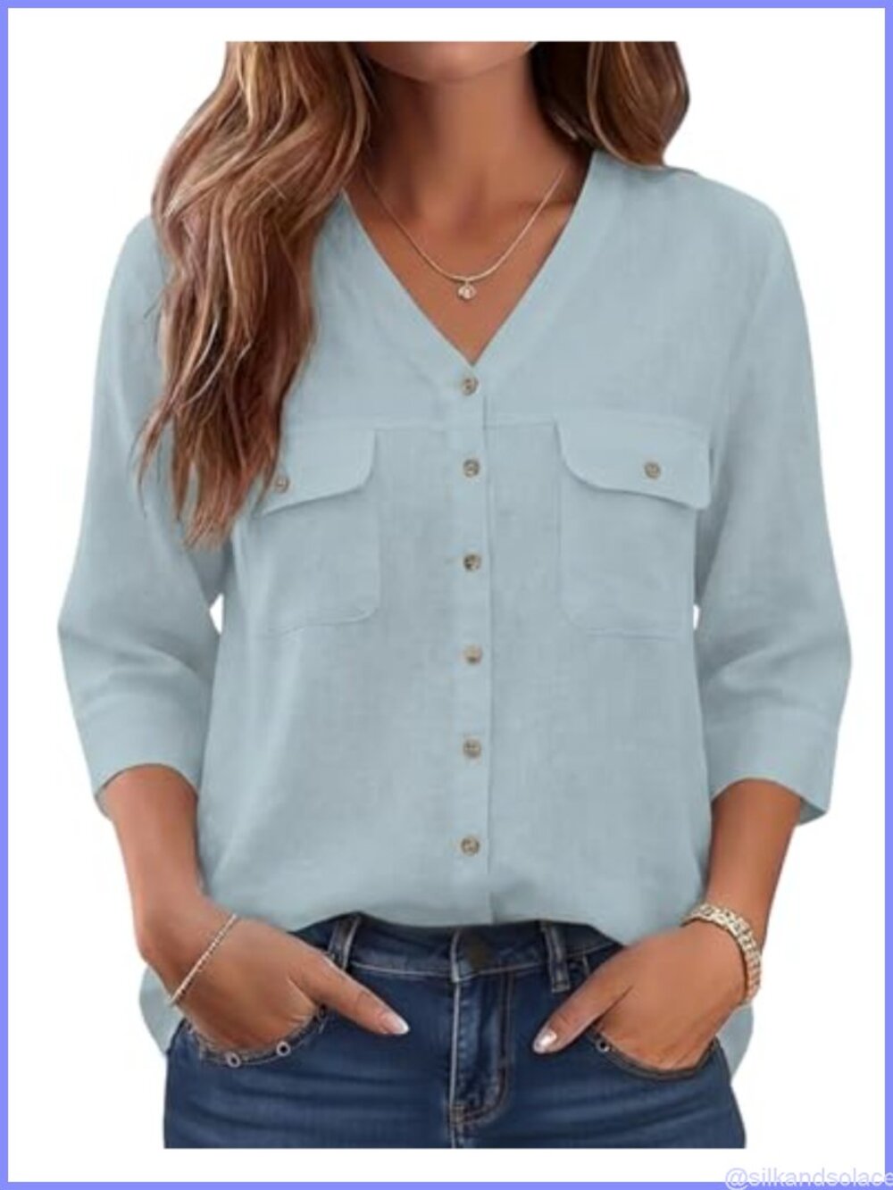 Women's Button Down Shirt 3/4 Sleeve V Neck Blouse with Pockets